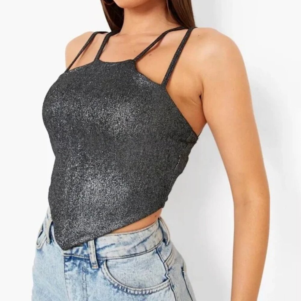 Boohoo Metallic Halter Top